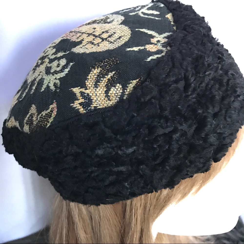 Vintage Tapestry and Faux Curly Lamb Hat-Excellent Condition!